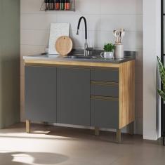 Balcão de Cozinha Para Pia 120cm com 3 Portas 2 Gavetas sem Tampo 100% MDF Madri Espresso Móveis Amêndoa/Cinza