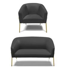 Sofá Namoradeira E Poltrona Pé De Ferro Dourado Stella Corino D03 - D`rossi Cor Preto