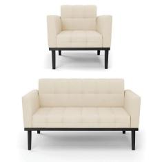 Sofá Namoradeira E Poltrona Base De Madeira Preto Elisa Linho D03 - D'