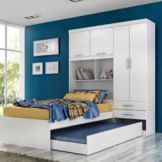 Guarda Roupa Solteiro 4 Portas 2 Gavetas Com Bicama E Baú Milena Acp Móveis Branco