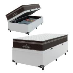 Cama Box Baú Solteiro + Colchão Paris Molas Ensacadas - 66x88x188cm - Couro Branco