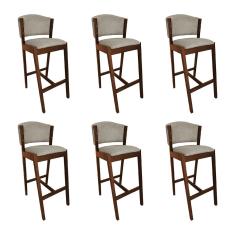 Kit 6 Banquetas Alta De Madeira Maciça Natural Premium Ana Com Encosto Linho Bege