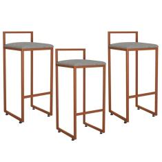 Kit 03 Banquetas Alta Hanna Bronze Linho Cinza Escuro