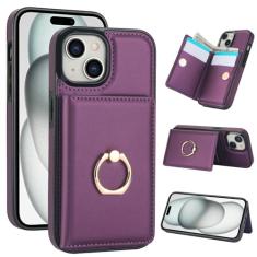 Capa carteira para iPhone 15 Plus com suporte para cartão, capa de couro com bloqueio RFID, suporte de anel giratório de 360° com fecho magnético à prova de choque para iPhone 15 Plus de 6,7 polegadas