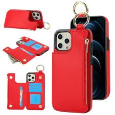 Capa carteira para iPhone 13 Pro Max, 4 compartimentos para cartão, 1 bolso com zíper, suporte de fecho magnético com suporte de anel à prova de choque com bloqueio de RFID para iPhone 13 Pro Max