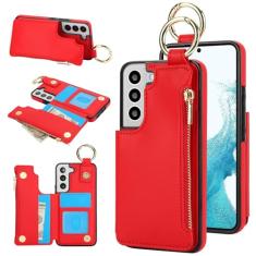 Capa carteira para Samsung Galaxy S22 Plus, 3 compartimentos para cartão, 1 bolso com zíper, suporte de fecho magnético com suporte de anel à prova de choque com bloqueio de RFID para Samsung S22 Plus