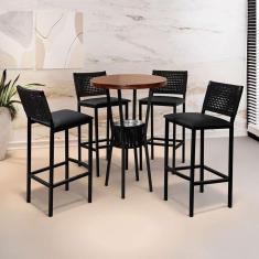 Conjunto com Mesa Bistrô Redonda e 4 Banquetas Madri Preto e Marrom