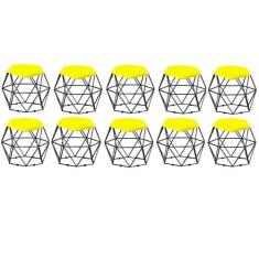 Kit 10 Puff Banqueta Aramado Mila Base Preta Hexágono Suede Amarelo - 