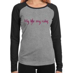 Baby Look Raglan My Life My Rules Manga Longa - Foca na Moda, Cinza, P