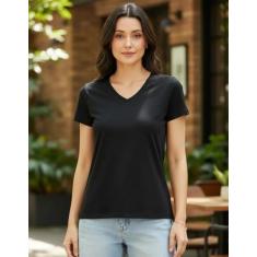 Camiseta Feminina Decote V 100% Algodão P Ao Xgg Malwee, XGG, Preto