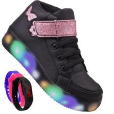 Tenis Infantil De Led Botinha Borboleta Meninas Feminino Brilhante + Relogio-Feminino