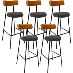 Kit 05 Banquetas Alta Cozinha Sala De Jantar Milão L02 Couríssimo Whisky Linho Chumbo - Lyam Decor