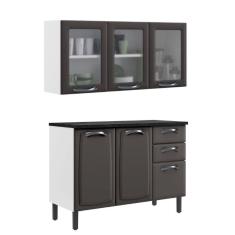 Cozinha Modulada 2 Peças Itatiaia Balcão 3 Portas e Armário Aéreo 3 Portas em Vidro Aço New Premium Grafite