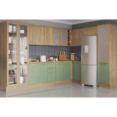 Cozinha Modulada Completa Botanic 12 Peças (4Aéreos+3Balcões+2Paneleiros+3Complementos) M647 Nogueira/Verde Oliva - Kappesberg