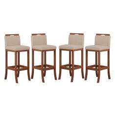Kit 4 Banquetas Alta Encosto Estofado 38x102 Cm Turim Madeira Maciça Pinhão Suede Bege ccs