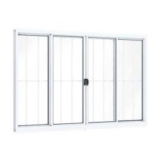 Janela De Alumínio De Correr Central 4 Folhas Com Grade 100x200cm Riobras Branco