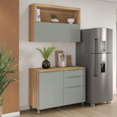 Cozinha 2 Peças Com Balcão 1 Porta 3 Gavetas E Armário Aéreo Marquesa 120 Cm 100% Mdf Nature/verde