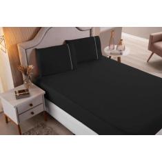 Jogo de Lençol Casal Super King 3 Peças Preto 100% Algodão - Bordados 