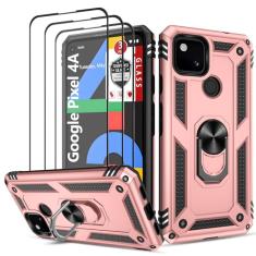 Capa para Google Pixel 4a com [3 peças], protetor de tela de vidro temperado, anel magnético integrado de nível militar, suporte de camada dupla, híbrida, à prova de choque, capa robusta Aromr para