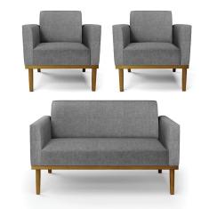 Sofá Namoradeira Com 2 Poltronas Base De Madeira Fixa Castanho Marisa Linho Grafite A26 D03 - D?rossi