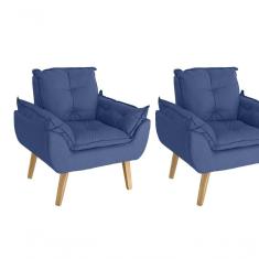 Kit 02 Poltrona/cadeira Decorativa Glamour Opala Com Pés Quadrado Azul Marinho