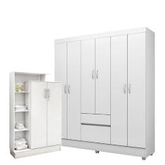 Guarda Roupa Infantil Flash 2 6 Portas 2 Gavetas MDP Branco Brilho e Armário Multiuso Elite Branco Brilho