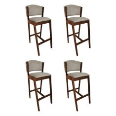 Kit 4 Banquetas Alta De Madeira Maciça Natural Premium Ana Com Encosto Linho Bege