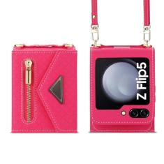 Bolsa crossbody caso de telefone para samsung galaxy z flip 5 4 3 5g flip4 flip5 cartões capa de couro correia feminina, rosa, para galaxy z flip 5