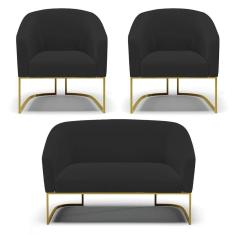 Sofá Namoradeira e 2 Poltronas Base Industrial Dourado Stella Veludo Preto D03 - D`Rossi