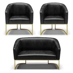 Sofá Namoradeira e 2 Poltronas Base Industrial Dourado Stella Corano Preto D03 - D`Rossi