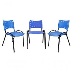 Kit 3 Cadeiras Iso para Escola Escritório Comércio Azul Base Preta
