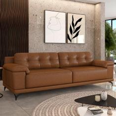 Sofá Living 4 lugares 252cm Agostino Pés Design em Ferro Couro Caramelo Manchado G52 - Gran Belo
