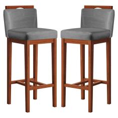 Kit 2 Banquetas Média Estofadas com Encosto 38x92 Cm Líbia Madeira Maciça Suede Cinza CCS