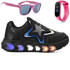 Tenis Infantil De Led Meninas Estrela Holografico Casual LIGHT + Oculos Relogio-Feminino