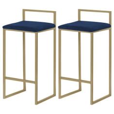 Kit 2 Banquetas Decorativa Jasmine Base Gold Veludo Azul G41 - Gran Be