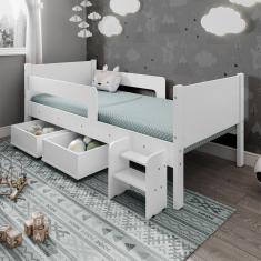 Cama Infantil Com 2 Baus Organizador E Escada Luna Plus Branco
