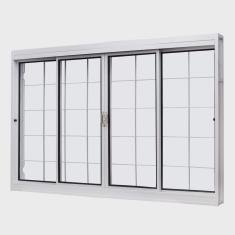 Janela de Aço de Correr Central 100x150cm 4 Folhas com Grade Quadriculada e Vidro Liso Qualitysol