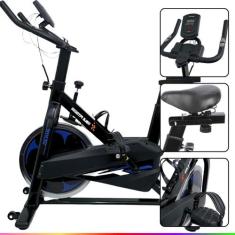 Bicicleta Ergométrica Spinning Bike Profissional Preta e Azul Roda de 