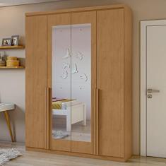 Guarda Roupa Solteiro com Espelho 4 Portas 2 Gavetas Alonzo Móveis Lopas Amêndoa Clean