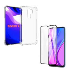Kit Capa Anti Shock para Xiaomi Redmi 9 6.53 Polegadas, Capa Anti-Impacto, Transparente + 2 Película Vidro 3D 9d