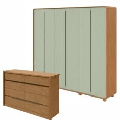 Conjunto de Guarda-roupa Casal Loop 6 Portas com Pése Cômoda 8 Gavetas Urban Amendoa Clean/salvia