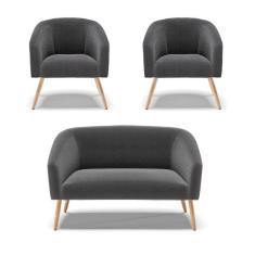 Kit 1 Sofá Namoradeira E 2 Poltronas Stella Bouclê Grafite Pés Palito Natural - D`rossi