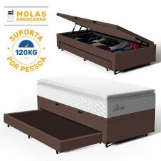 Cama Box Baú com Colchão de Molas Ensacadas Pillow Top Flora + Auxiliar Unique Solteiro 88cm