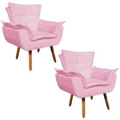 Kit 02 Poltronas Opala Suede Rosa Bebê Pés Palito Castanho - DMOV