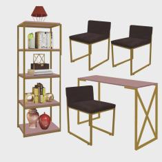 Kit Escritório Bex 3 Cadeiras Suede Marrom com 1 Mesa e 1 Livreiro Ferro Dourado mdf Rose Rosa - Ahazzo Móveis