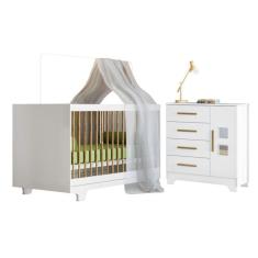 Quarto de Bebê com Berço Mini Cama 100% Mdf Flocos e Cômoda 4 Gavetas 1 Porta Fly 100% Mdf Branco