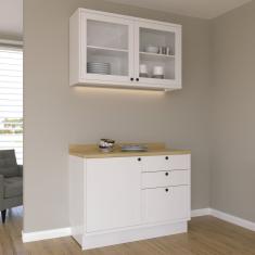 Cozinha Compacta com Vidro 2 Peças 3 Portas 3 Gavetas Sevilha Branco Ártico /Carvalho Marrom