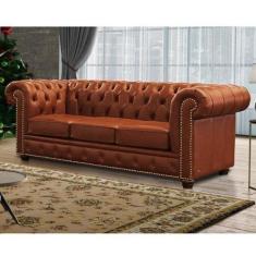 Sofá 3 Lugares com Tachas em Couro Legítimo Chesterfild - Mempra Móvei