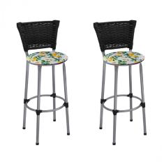 Kit 2 Banquetas Altas Prata com Encosto Junco Preto Assento Floral Branco