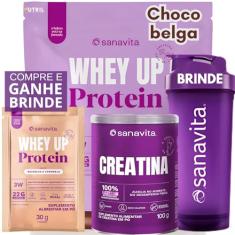Creatina Monohidratada Pure Whey Protein Up Coqueteleira Sanavita - Kit Whey 22g Proteína + Creatine Monohidratada 100% Pure + Coqueteleira - Sanavita - Desempenho Físico - Força - Saúde (Whey Up Chocobelga + Creatina 100g Pure)